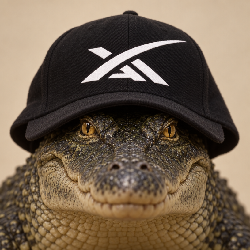 Grokodile, an old crocodile wearing an oversized SpaceX cap